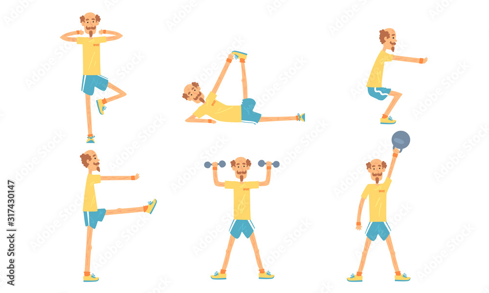 Fototapeta premium Mature Man Doing Morning Exercises Collection, Active Healthy Workout of Aged Person, People Engaged in Sports Vector Illustration