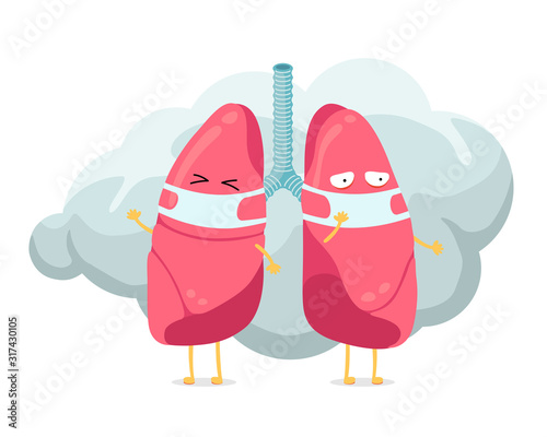 Cartoon lungs character with breathing hygiene mask on face and smoke or dust cloud. Human respiratory system lung internal organ mascot. Medical anatomy air pollution protection vector illusrtation
