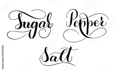 Vector hand written pepper, salt and sugar text isolated on white background. Kitchen sweet spices for cooking. Script brushpen lettering with flourishes. Handwriting for banner, poster, product label