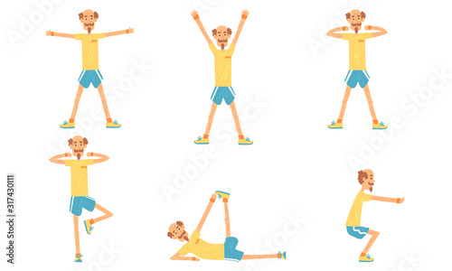 Cheerful Mature Man Doing Morning Exercises Collection, Active Healthy Workout of Aged Person, People Engaged in Sports Vector Illustration