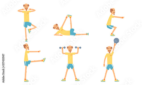Mature Man Doing Morning Exercises Collection, Active Healthy Workout of Aged Person, People Engaged in Sports Vector Illustration