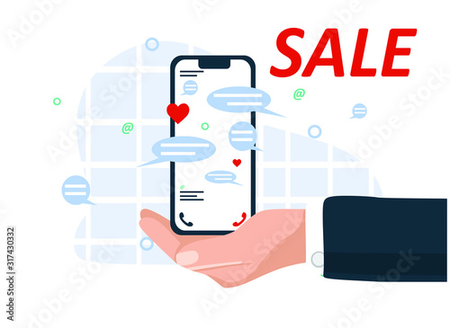 phone sale. hand holding phone with message, icons. Communication concept on white background. Social networking concept. Vector flat cartoon illustration 