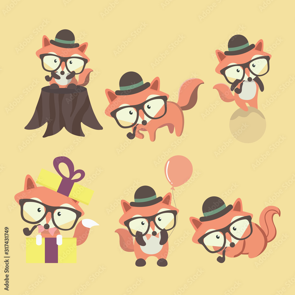 Set of cute cartoon foxes in modern simple flat style.. Set of cute cartoon foxes in modern simple flat style..