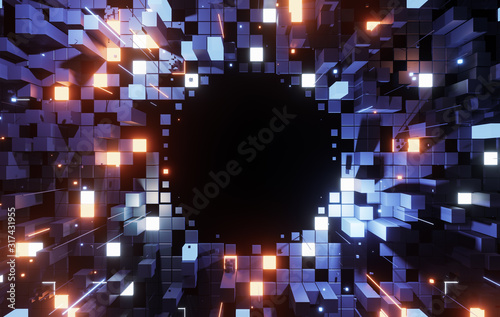 Fototapeta Naklejka Na Ścianę i Meble -  Creative abstract concept of big data or cyber security technology and connection with city digital skyscrappers and traffic. 3d illustration.