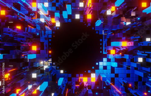 Fototapeta Naklejka Na Ścianę i Meble -  Creative abstract concept of big data or cyber security technology and connection with city digital skyscrappers and traffic. 3d illustration.