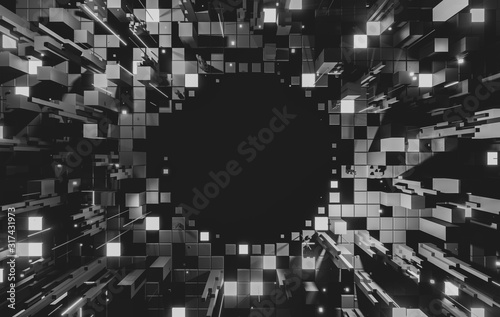 Fototapeta Naklejka Na Ścianę i Meble -  Creative abstract concept of big data or cyber security technology and connection with city digital skyscrappers and traffic. 3d illustration.
