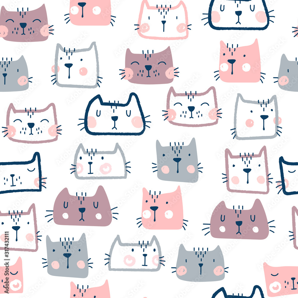 Seamless childish pattern with cute cats. Hand Drawn Vector Illustration Seamless childish pattern with cute cats. Hand Drawn Vector Illustration