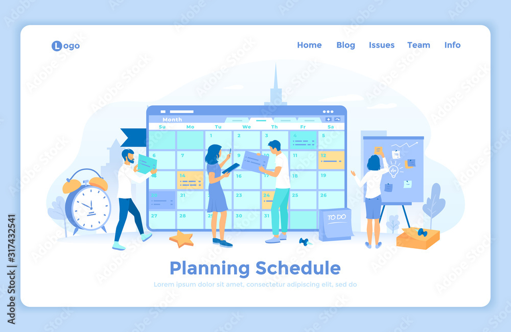 Planning schedule. Online web page interface planner, organizer, calendar,  project plan. People work together filling out the schedule, set tasks and  reminders. landing web page template with people Stock-Vektorgrafik | Adobe  Stock