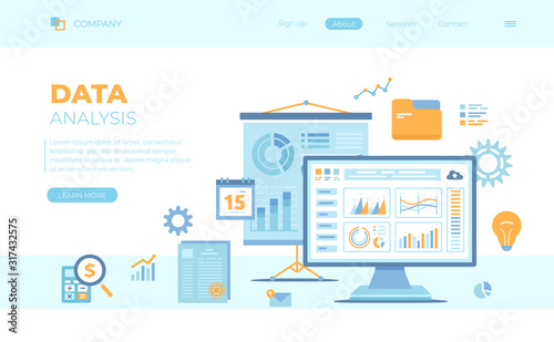 Data analysis and business strategy concept. Graphs, charts on the monitor screen, projector screen, documents. Financial Infographic for analytics. Can use for web banner, landing page, web template.