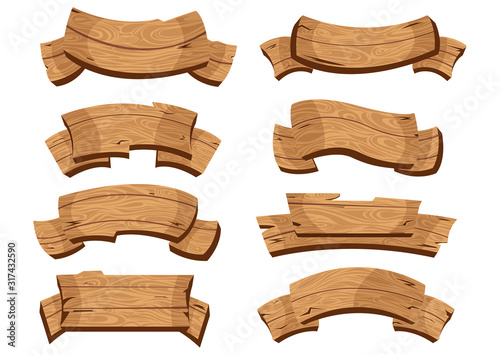 Set of wooden banners with decorative elements.
