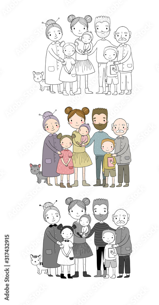 A happy family. Parents with children. Cute cartoon dad, mom, daughter, son and baby. grandmother and grandfather. A happy family. Parents with children. Cute cartoon dad, mom, daughter, son and baby. grandmother and grandfather.