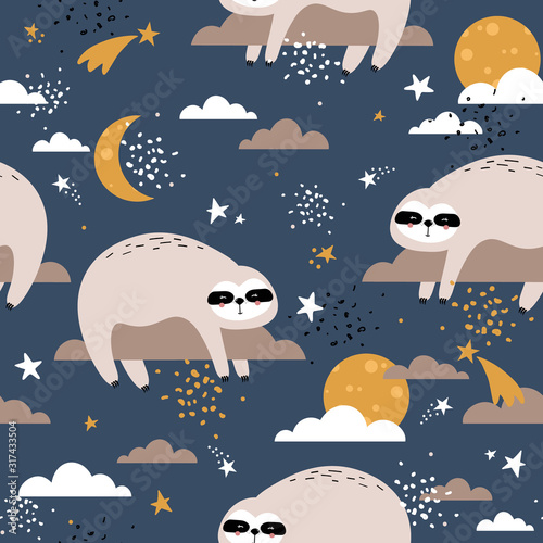 Sloths, stars, moon and clouds hand drawn backdrop. Colorful seamless pattern with animals. Decorative cute wallpaper, good for printing. Overlapping background vector. Design illustration