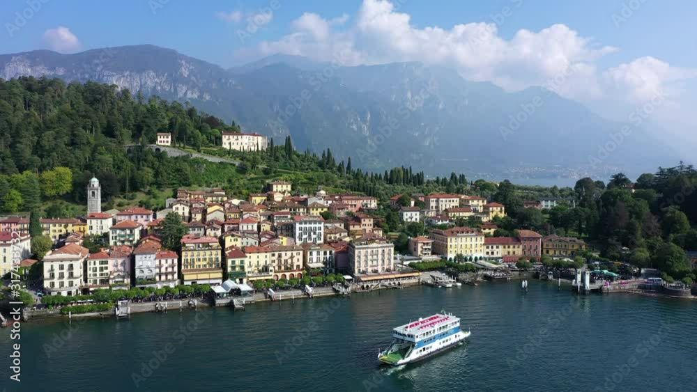 Bellagio by Lake Como with ferry Aerial view Italy Summer. Bellagio by Lake Como with ferry Aerial view Italy Summer.