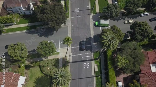 Aerial Birdseye View of Car Driving in Beverly Hills Los Angeles California with Skinny Palm Trees