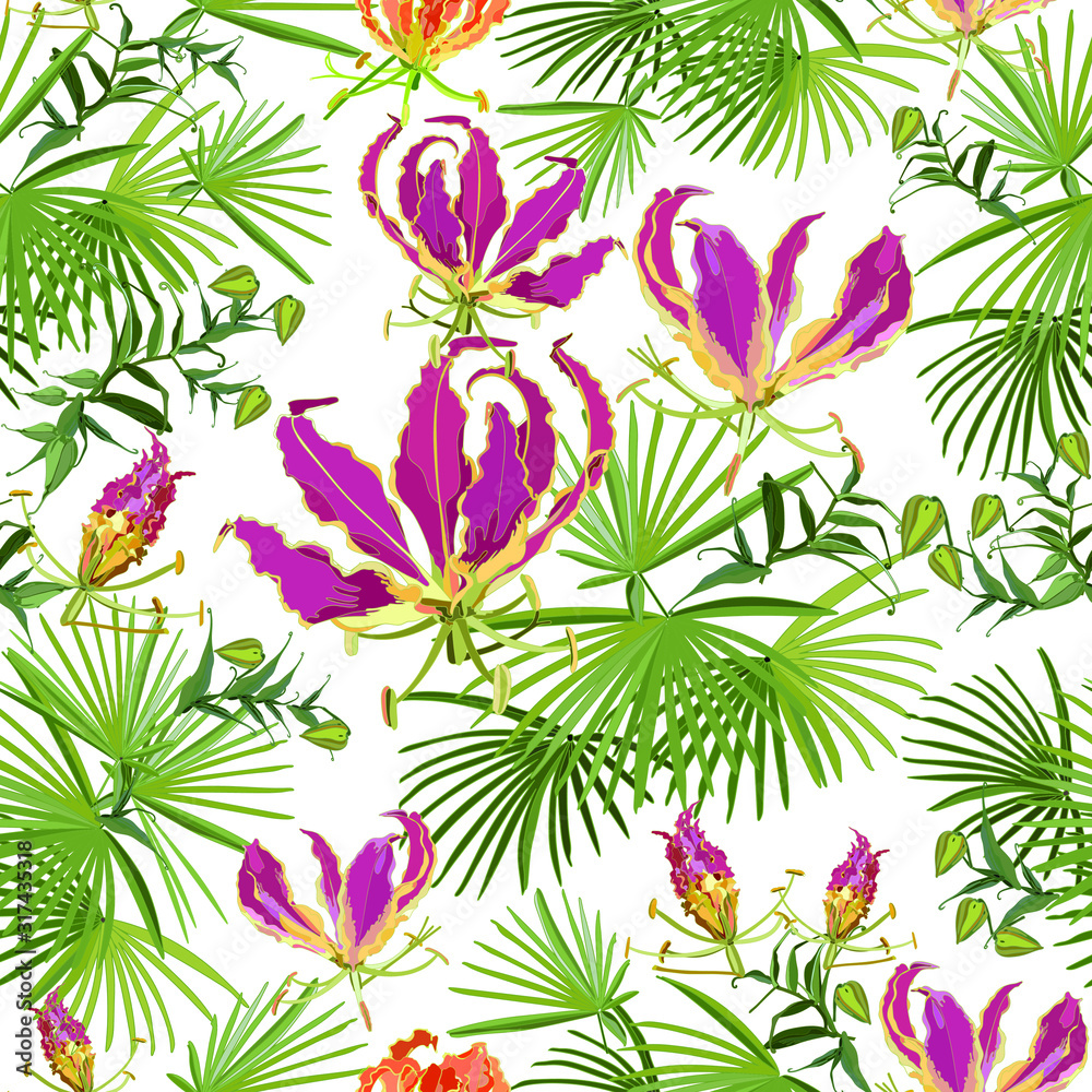Summer colorful hawaiian seamless pattern with tropical plants and Gloriosa flowers, white background vector illustration white background