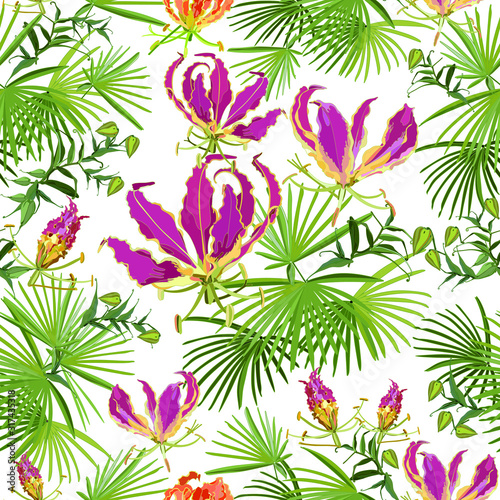 Fototapeta Naklejka Na Ścianę i Meble -  Summer colorful hawaiian seamless pattern with tropical plants and Gloriosa flowers, white background vector illustration white background