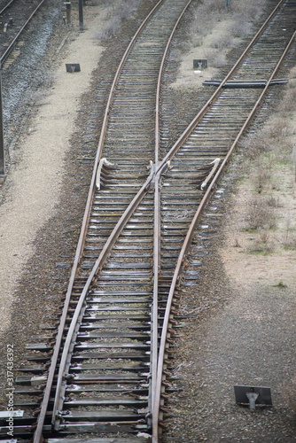 Closeup of railways crossing in the train station on top view