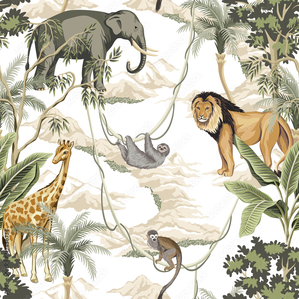 Vintage banana tree, palm tree, lion, monkey, indian elephant, giraffe animal, mountain floral seamless pattern white background. Exotic safari wallpaper. - obrazy, fototapety, plakaty 