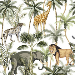 Sierkussen Tropische print patronen Afrikaanse safaridieren tussen vintage palmen  © good_mood