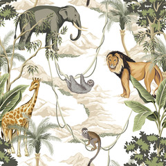 Sierkussen Tropische print patronen Vintage safari met leeuw en olifant  © good_mood