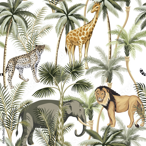 Vintage palm tree, lion, leopard, african elephant, giraffe animal floral seamless pattern white background. Exotic safari wallpaper.