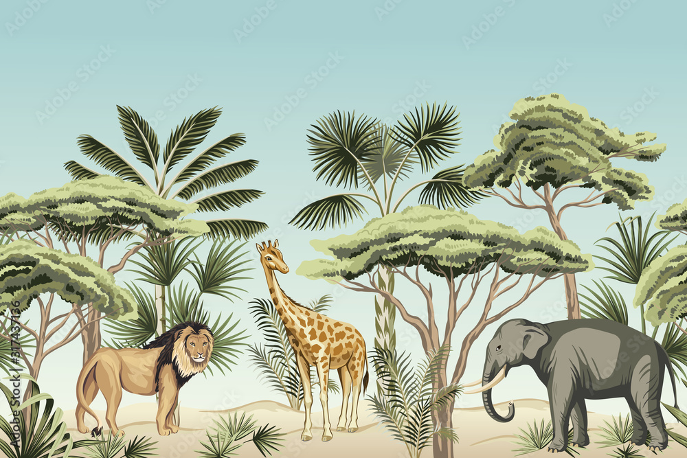 Vintage tree, palm tree, plant, lion, indian elephant, giraffe animal floral seamless border blue background. Exotic safari wallpaper.