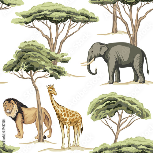 Vintage tree, lion, indian elephant, giraffe animal floral seamless pattern white background. Exotic safari wallpaper.