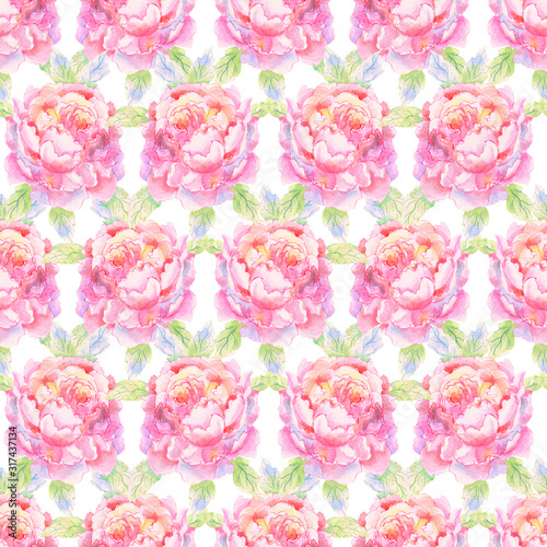 Seamless watercolor pattern in pastel colors. Delicate pink peonies on a white background.