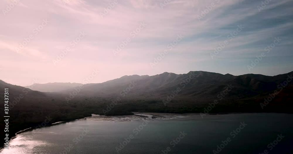 Forward aerial shot of the majestic Santa Elena Bay at sunrise Forward aerial shot of the majestic Santa Elena Bay at sunrise