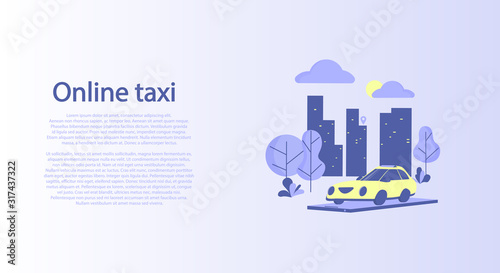 Banner. Yellow car on the background of the city, standing on a cell phone. Concept of online taxi ordering. Vector.