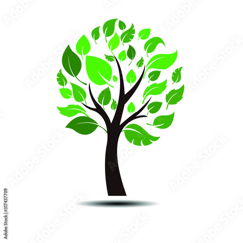 Stylized vector tree with Green leaves isolated on white background