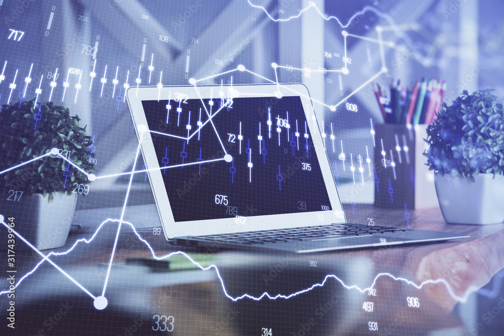 Multi exposure of forex chart and work space with computer. Concept of international online trading. Multi exposure of forex chart and work space with computer. Concept of international online trading.