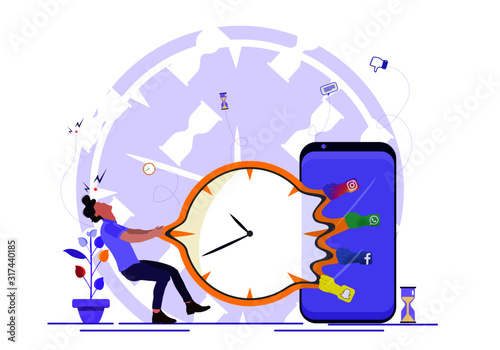 Refuse and stop from social networks. Internet, phone and online addiction. trying to pull the time from phone. Avoid social media in free time and try to offline.. Vector illustration