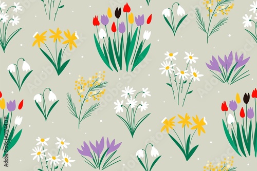 Spring colorful pattern on a green background with flowers. Trendy hand drawn textures.Cute summer background with flowers and leaves. Modern abstract design for,paper, cover, fabric and other users