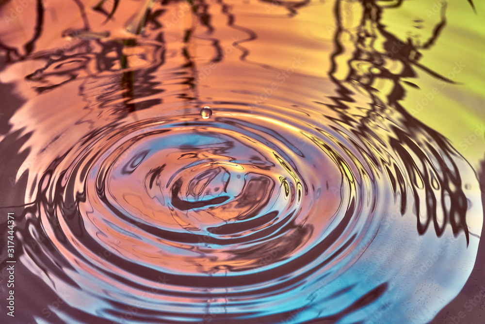 Raindrops fall on the surface of the water. The circles from the raindrops on the water surface. Abstract color background of circles on the water and falling drops. Raindrops fall on the surface of the water. The circles from the raindrops on the water surface. Abstract color background of circles on the water and falling drops.