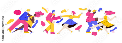 Banner template with dancing couples, trendy cartoon vector illustration isolated.
