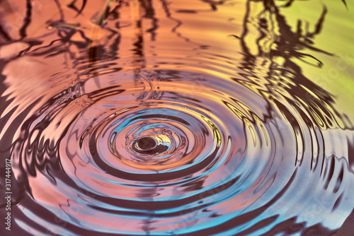 Raindrops fall on the surface of the water. The circles from the raindrops on the water surface. Abstract color background of circles on the water and falling drops.