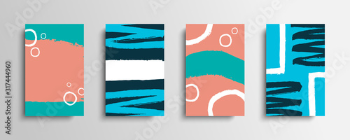 Set of covers with color brush strokes. Collection of artistic creative cards with hand drawn shapes. Vector illustration.