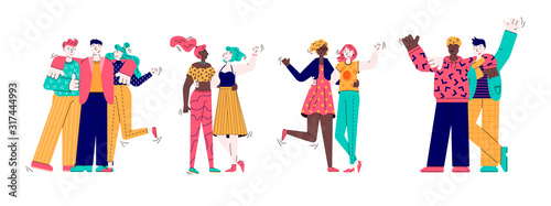 Best friends holding hands and hugging, cartoon vector illustration isolated.
