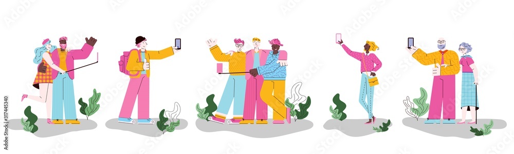 Cartoon people taking selfie - flat banner with isolated people standing outdoors