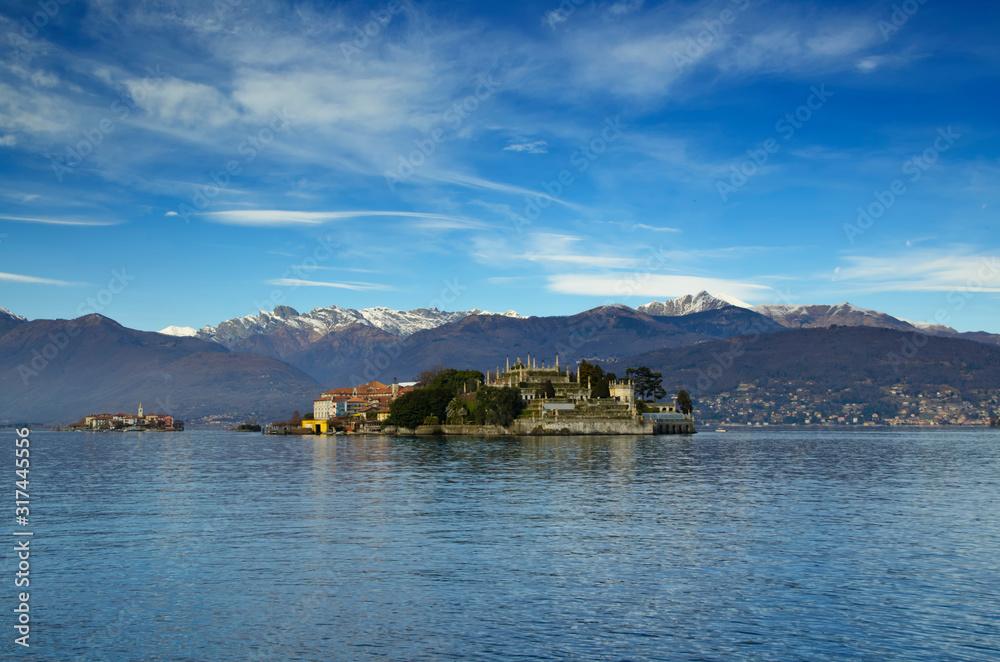 Borromean Islands and Mountain on Alpine Lake Maggiore in Piedmont, Italy.