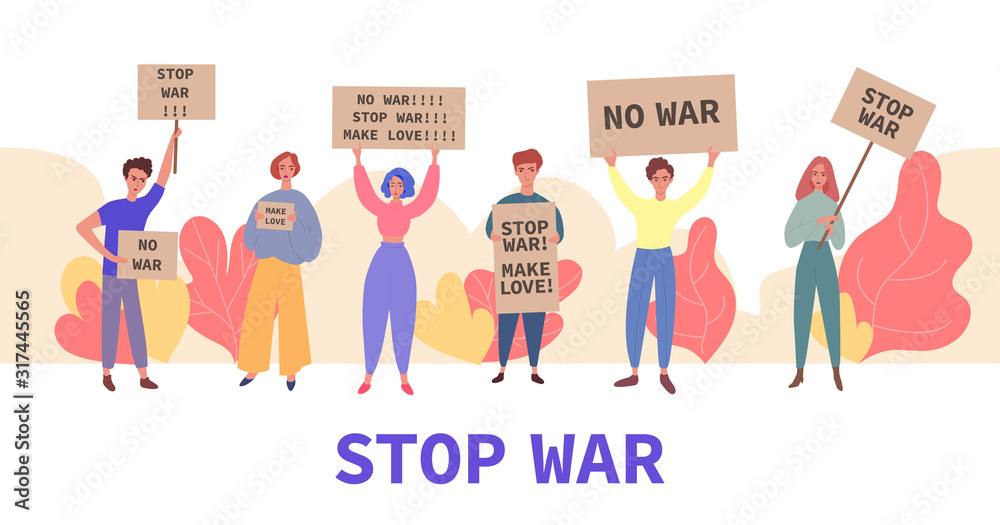 Stop war demonstration banner - young cartoon people holding protest signs