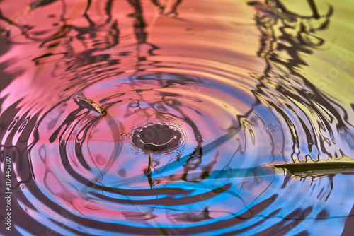 Raindrops fall on the surface of the water. The circles from the raindrops on the water surface. Abstract color background of circles on the water and falling drops.