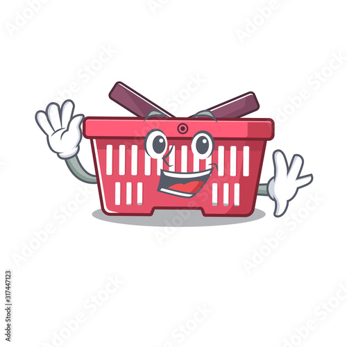 Waving friendly shopping basket cartoon character design