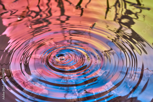 Raindrops fall on the surface of the water. The circles from the raindrops on the water surface. Abstract color background of circles on the water and falling drops.