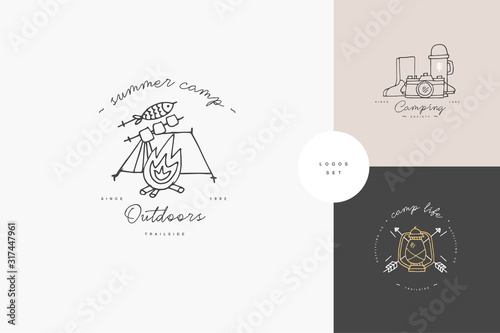 Vector set of liear camping and hiking icons or logos . Traveling emblem or round badge with traveling staff. Design for t-shirt and print.