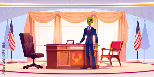 Funny alien business man or president stand in office with large windows, table, chairs and United States flags. Humanoid monster with green skin, wide eyes in formal suit. Cartoon vector illustration