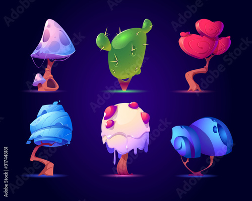 Fantasy mushrooms or alien trees set. Magic unusual nature elements for computer game, fairy tale book isolated on blue background. Beautiful strange plants Cartoon vector illustration, icon, clip art