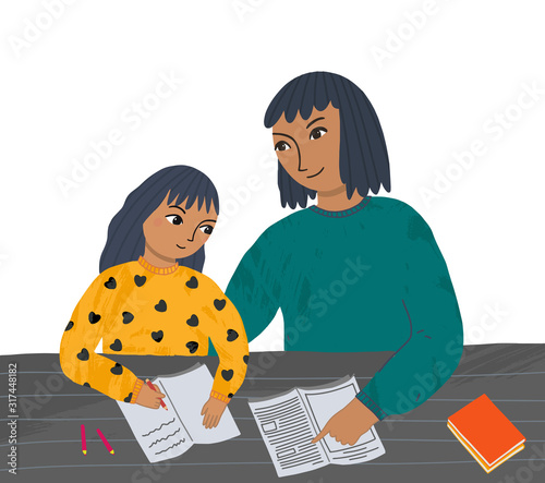 Mom makes with daughter lessons. Character vector illustration teacher or mother helps a girl to learn a lesson.