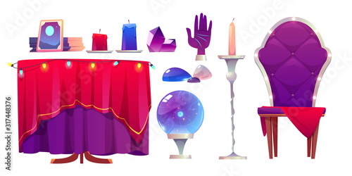 Fortune teller accessories, magic ball, crystal and mirror. Vector cartoon objects for prediction future, palmistry hand, mystic gemstones, candles, table and armchair isolated on white background
